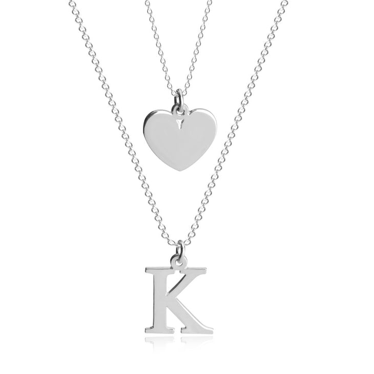 Layered Heart and Initial Pendant Necklace Set