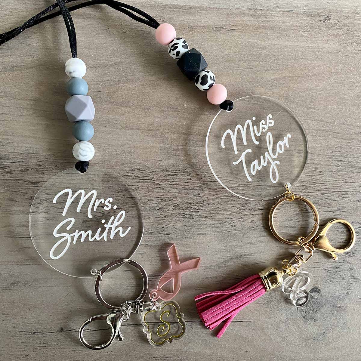 Personalised Pencil Keychain and Badge Reel Beaded Lanyard with